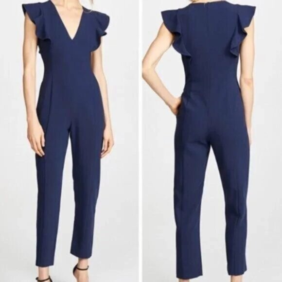 Black Halo Deklyn Jumpsuit 0 Navy Blue Ruffles V Neck Straight Leg Office Chic - Picture 1 of 8